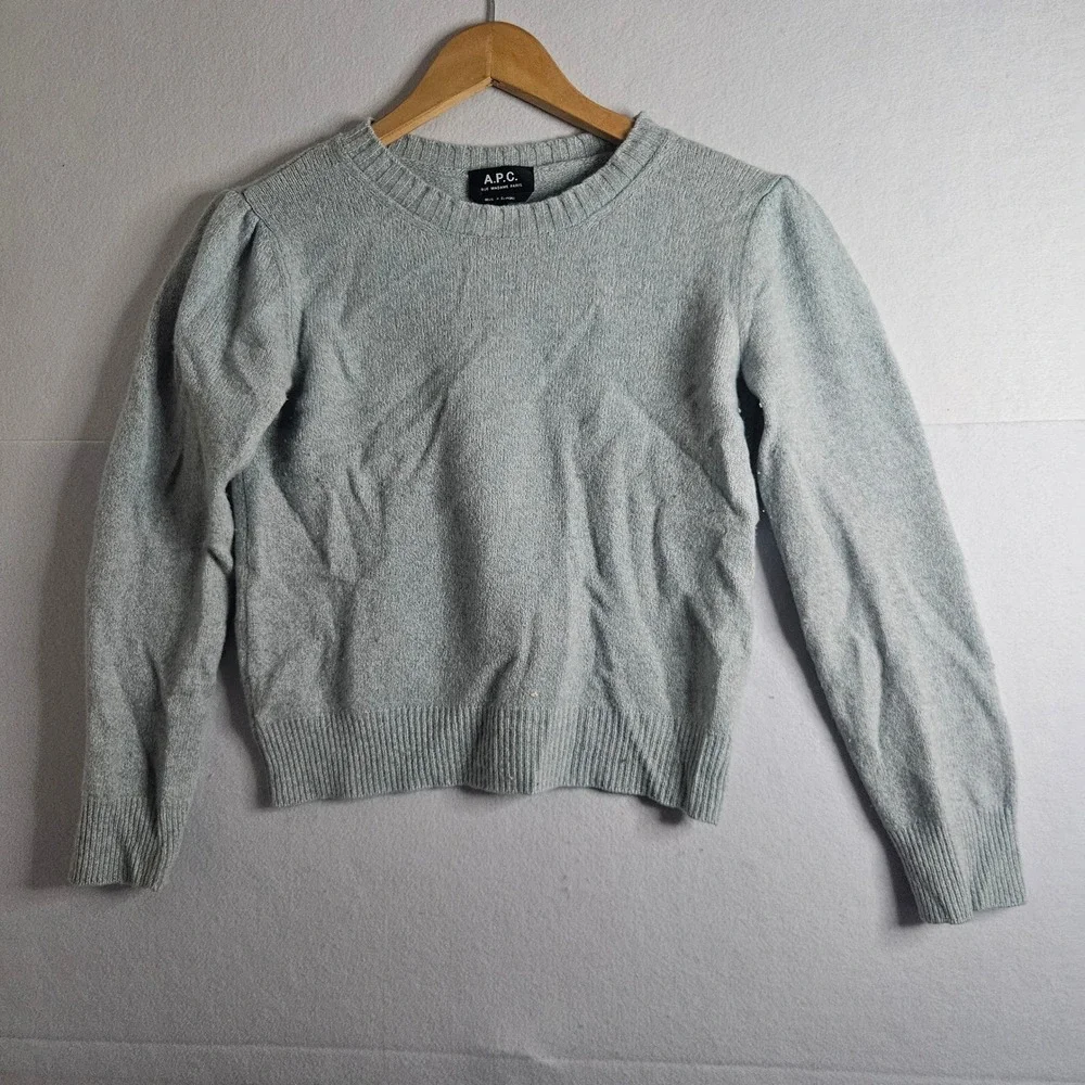 APC Rue Madame Paris Wool Cotton Crewneck Sweater Light Blue Puff Shoulder Small